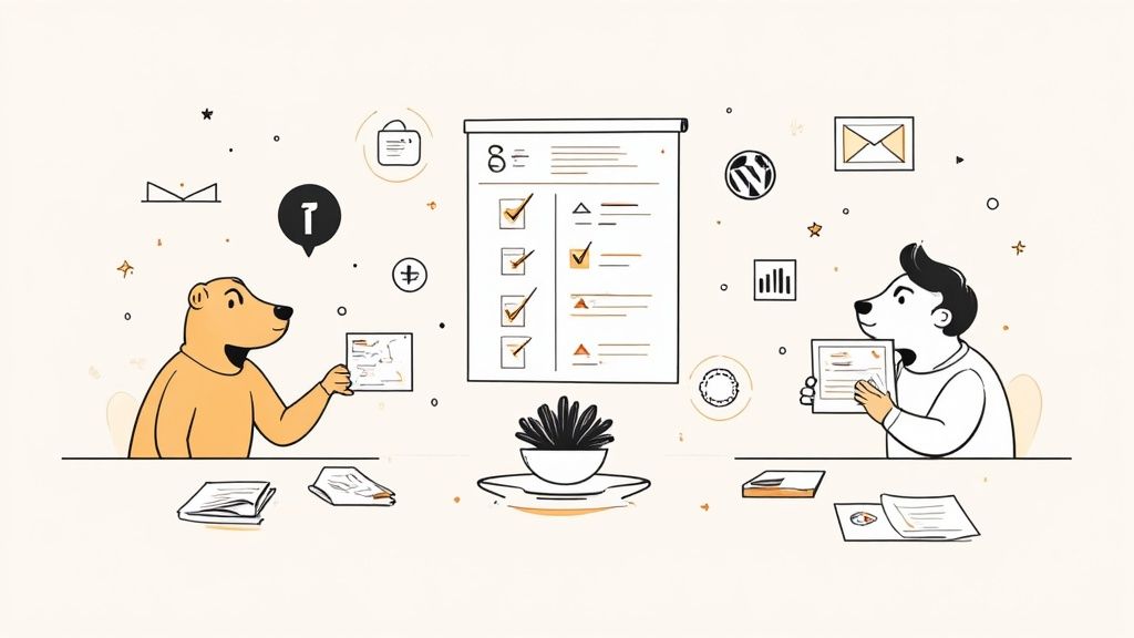 Illustratie van twee cartoonberen aan een bureau die taken beheren met een checklist en digitale iconen.
