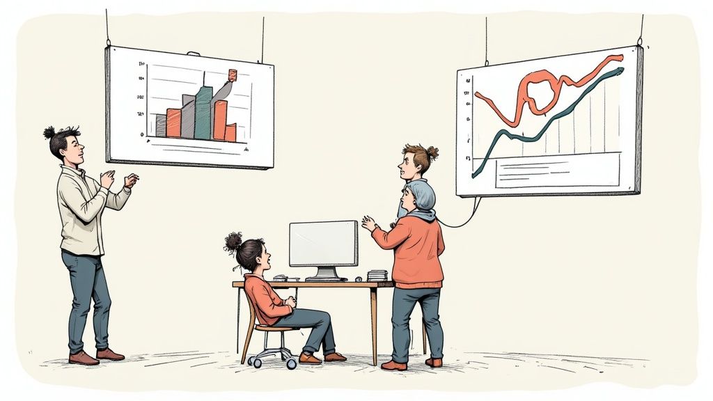 Een team van vier mensen, waaronder een kind, bekijkt samen financiële grafieken en een computerscherm in een kantoor.