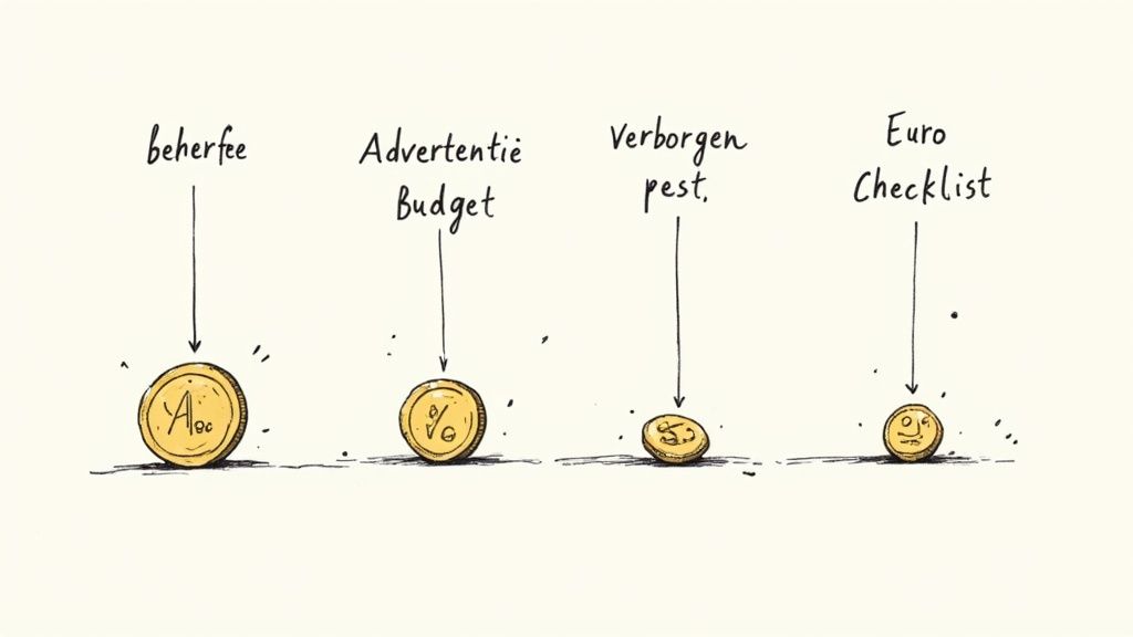Illustratie van vier munten die afnemende kosten voor beheer, advertenties, verborgen post en een euro checklist symboliseren.