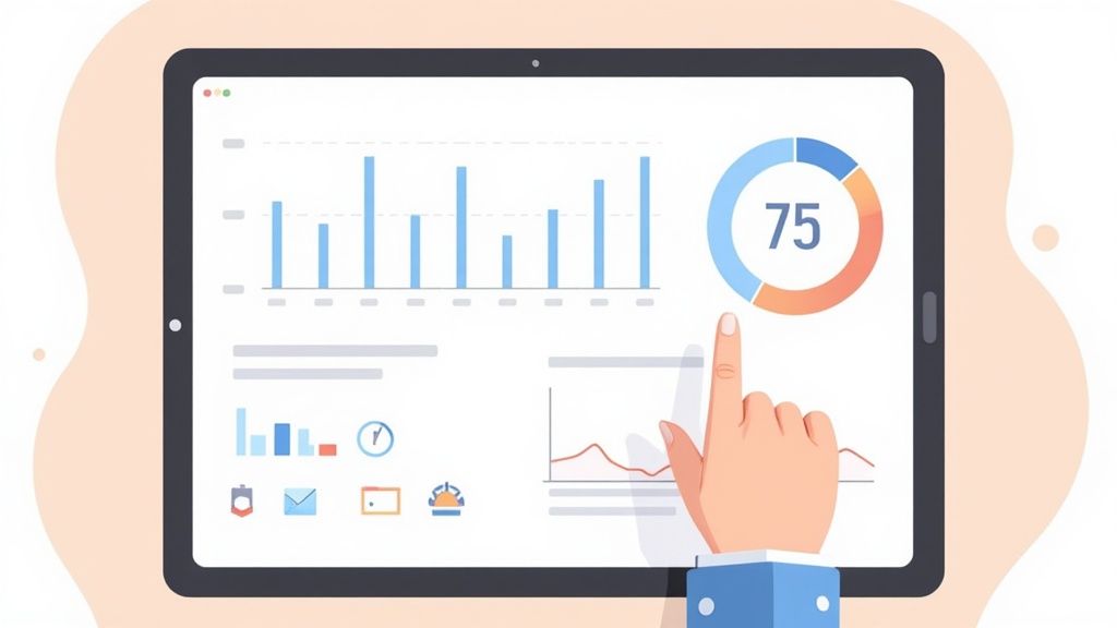 Een hand wijst naar een tablet met datavisualisaties, waaronder grafieken en een prestatiedashboard.