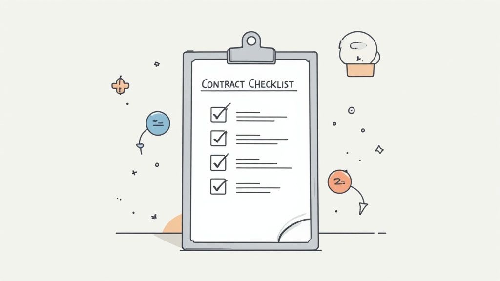 Illustratie van een contractenchecklist op een klembord met aangevinkte items, omringd door abstracte elementen.