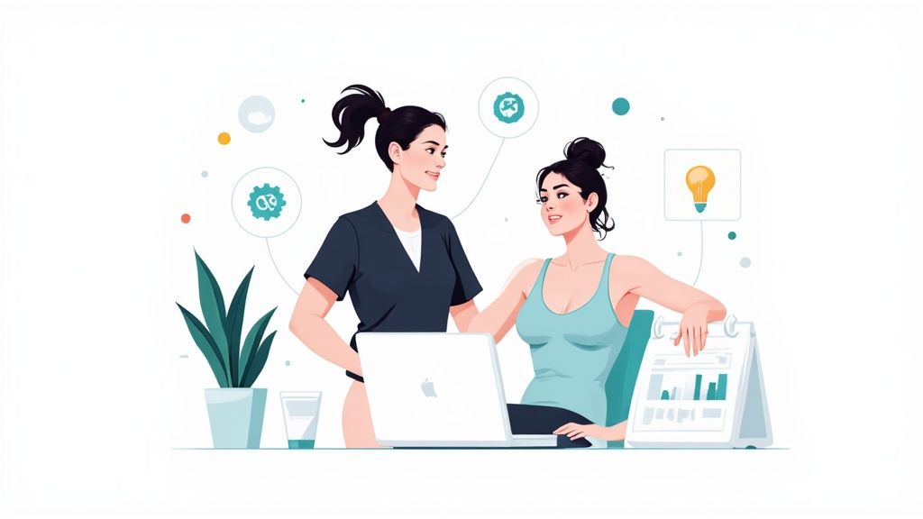 Twee vrouwen werken samen aan een laptop, omringd door bedrijfssymbolen zoals een tandwiel en een gloeilamp.