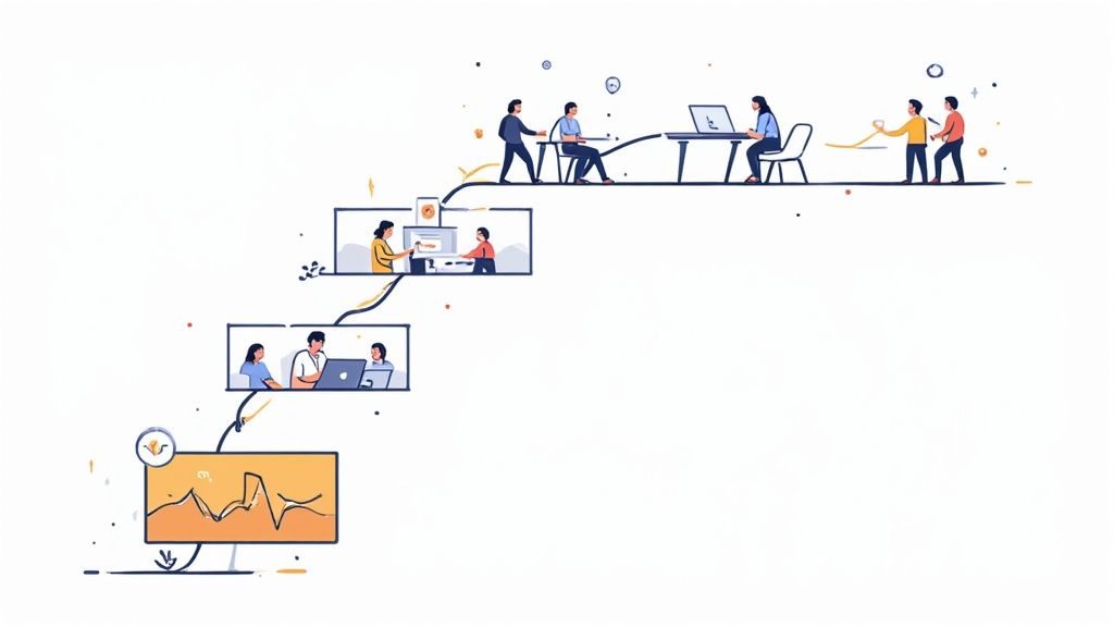 Illustratie van een klantreis of processtroom, met teams die samenwerken aan verschillende stappen richting een eindresultaat.