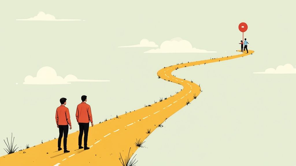 Twee mannen lopen op een kronkelige weg richting een rood doel, met mensen in de verte.