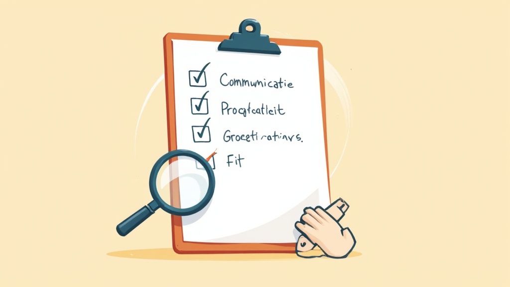 Een checklist op een klembord toont taken zoals communicatie en groei afgevinkt. 'Fit' is doorgestreept, met een vergrootglas en pleister.