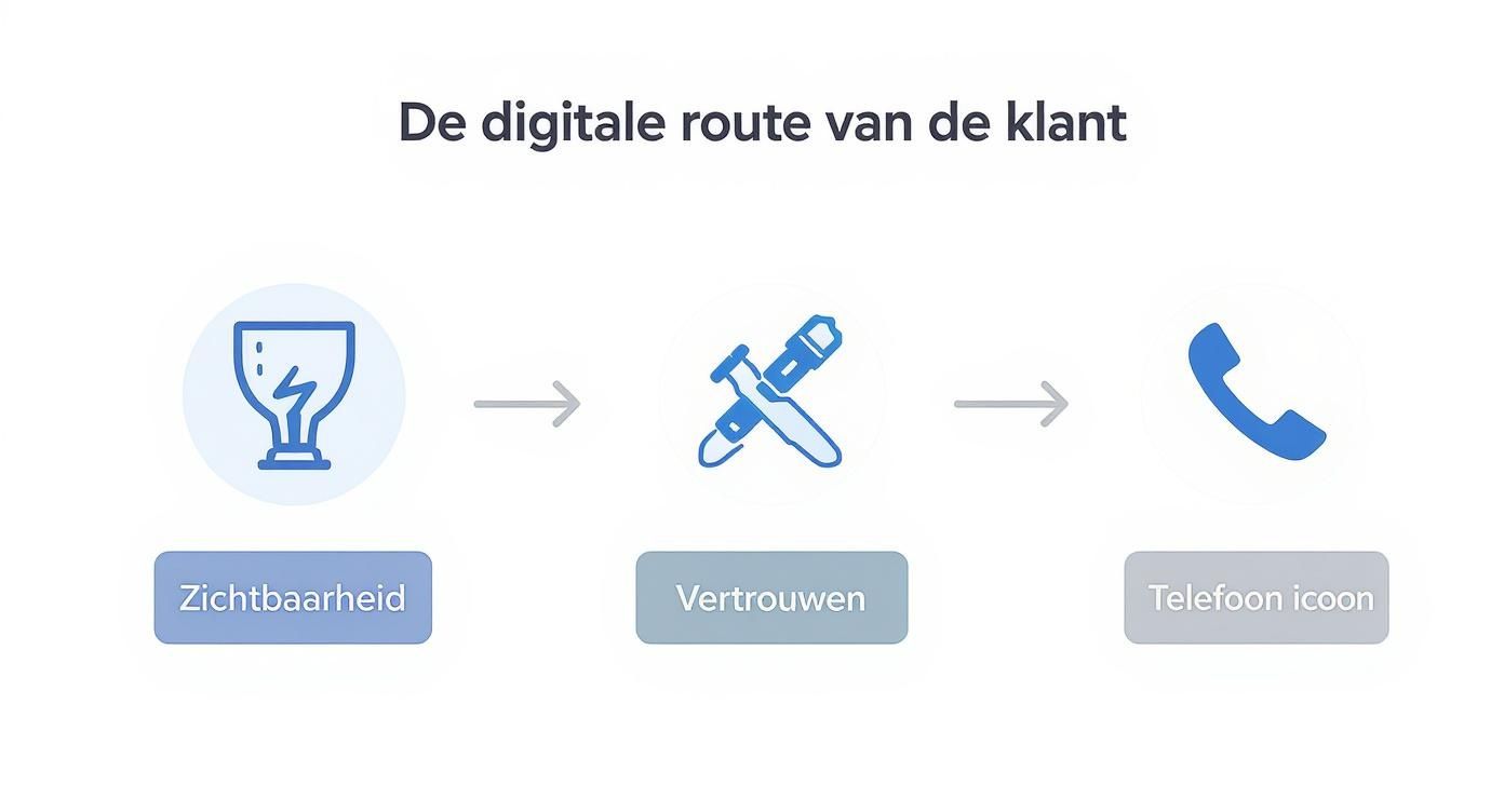 De digitale route van de klant, met stappen voor zichtbaarheid, vertrouwen en telefonisch contact, geïllustreerd met iconen.