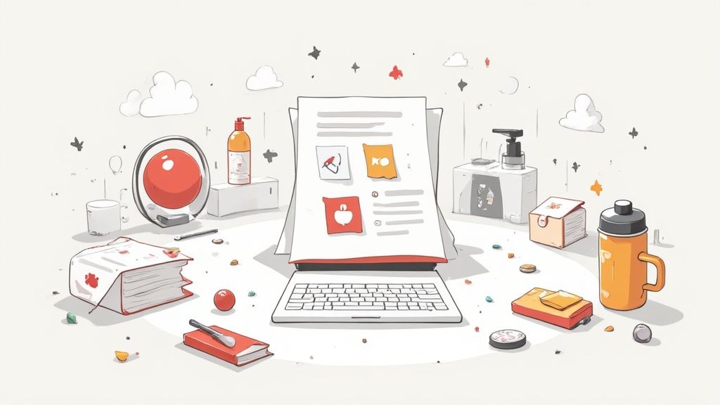 Een minimalistische, creatieve werkplek met laptop, documenten en diverse dagelijkse objecten in schetsstijl.