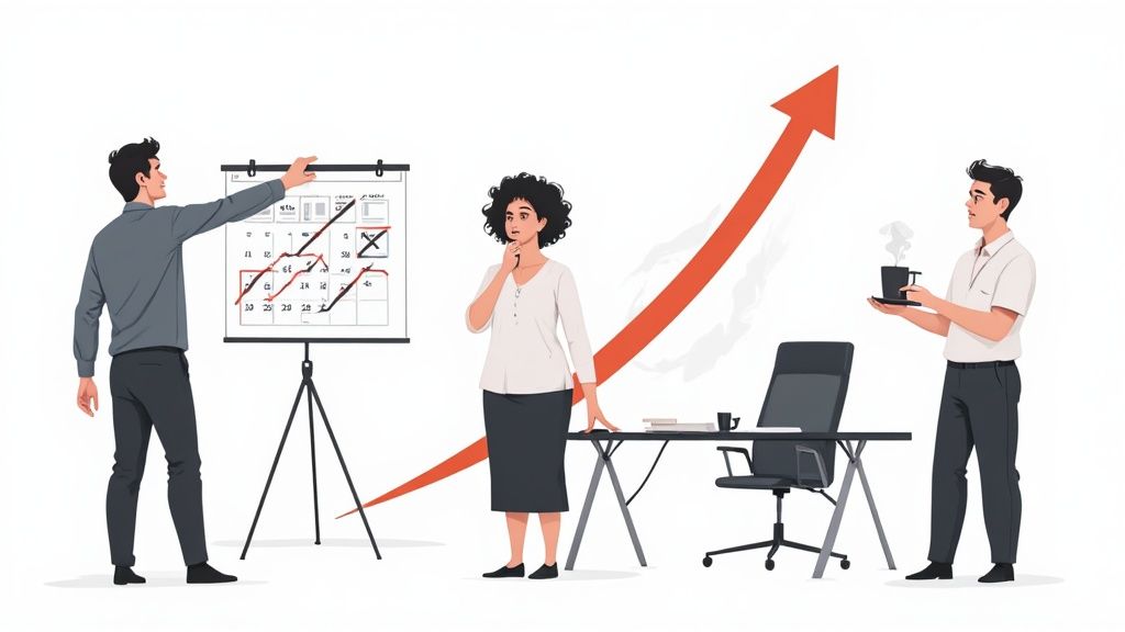 Drie collega's bespreken bedrijfsgroei in een kantoor met een whiteboard en koffie.