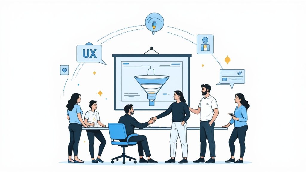 Teamvergadering met presentatie over UX-trechter en mensen die handen schudden, wat samenwerking en strategie toont.