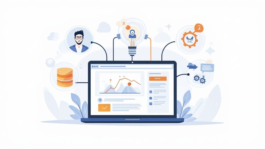 Een website dashboard op een laptop omringd door data, ideeën, gebruikers en ontwikkelprocessen.