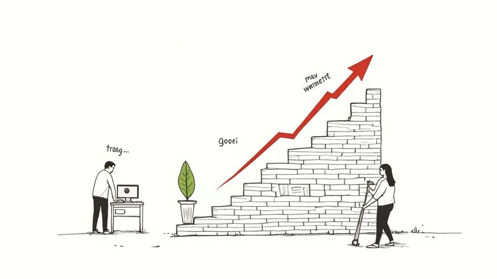 Een man werkt aan een computer, terwijl een vrouw een bakstenen trap bouwt naar groei en succes.