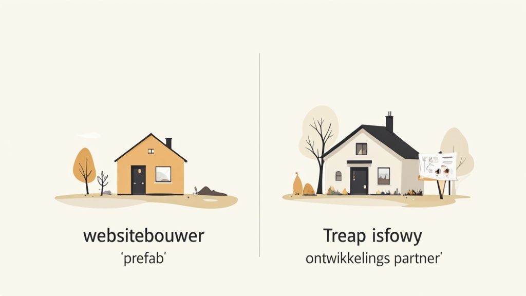 Afbeelding vergelijkt een 'prefab' websitebouwer met een 'ontwikkelings partner' voor maatwerk webdesign.