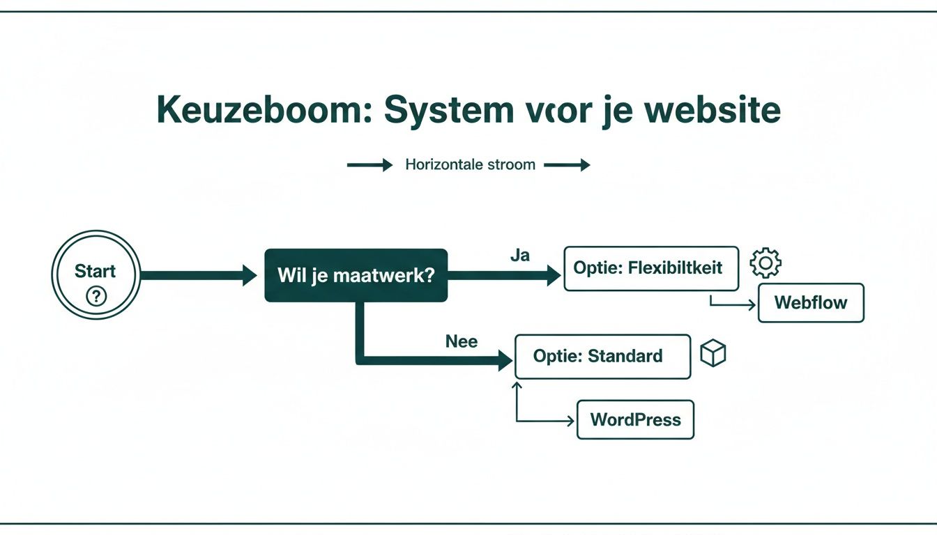 Keuzeboom die helpt bij het kiezen van een systeem voor je website, met opties zoals maatwerk met Webflow of standaard met WordPress.