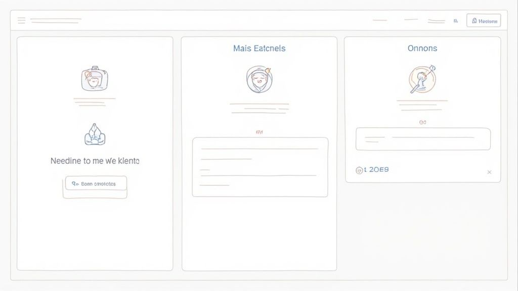 Een gedetailleerde wireframe-weergave van een webpagina met drie panelen, inclusief tekstplaceholders en schetsmatige pictogrammen voor inhoud.