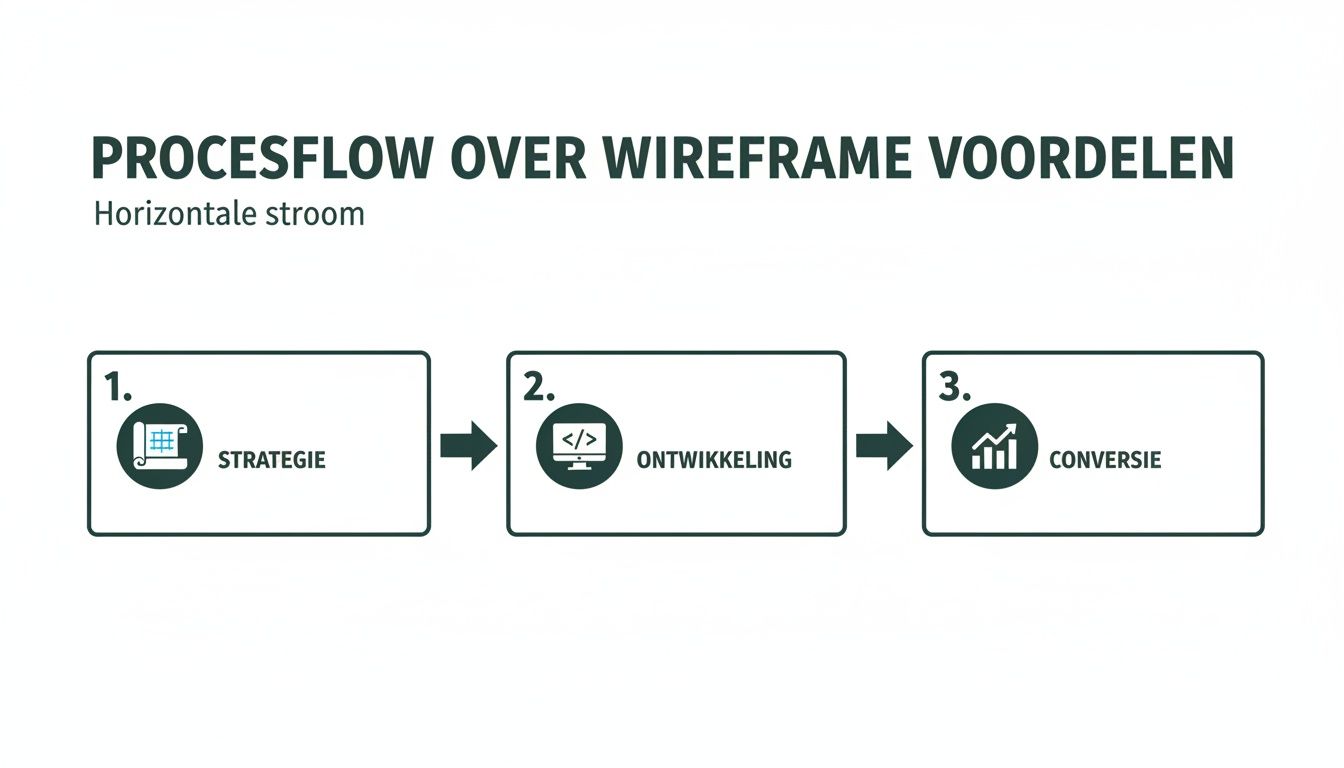 Horizontale procesflow over wireframe voordelen met stappen voor strategie, ontwikkeling en conversie.