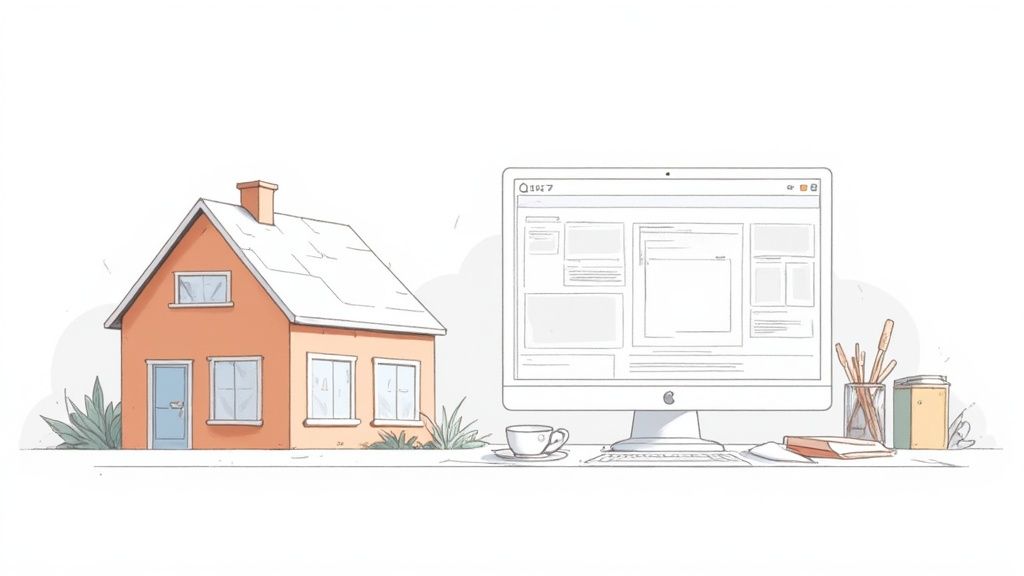 Een eenvoudige illustratie van een huis en een bureau met computer, wireframe, koffiekop en kantoorbenodigdheden.