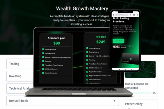 Image showing Wealth Craft Club business coaching website on desktop and mobile, designed by Ramonda Digital with CRM integration, content strategy and brand-focused layout.
