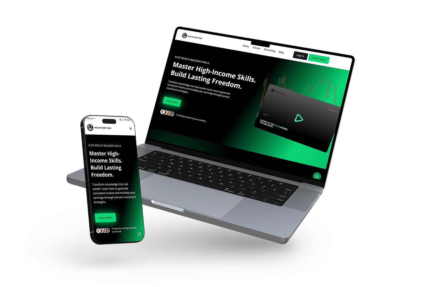 Image showing Wealth Craft Club business coaching website on desktop and mobile, designed by Ramonda Digital with CRM integration, content strategy and brand-focused layout.