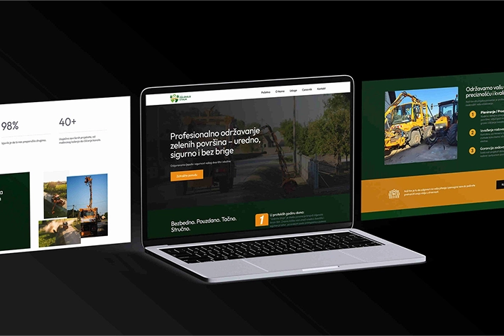 Case study of Zelenilo Staja landscaping website by Engridded featuring multiple page layouts on a laptop.