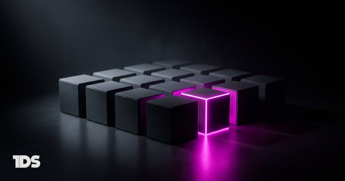 Twelve identical black boxes on a dark rack with one pulled forward and glowing magenta, representing a comparison of the best personal branding agencies for founders