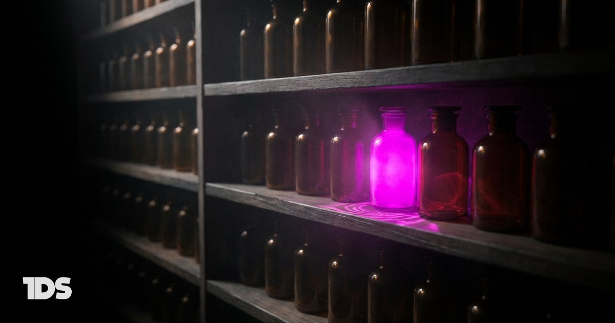 A dark shelf of amber apothecary bottles with one lit magenta from within, representing the best influencer marketing agencies for health and wellness brands