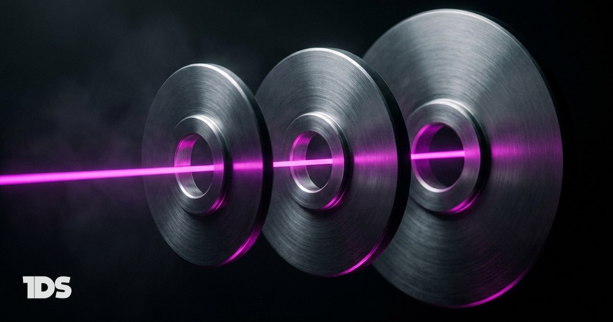 Three aligned steel discs with a single magenta beam passing through all three centers, representing the founder personal brand system of signal, engine, and movement