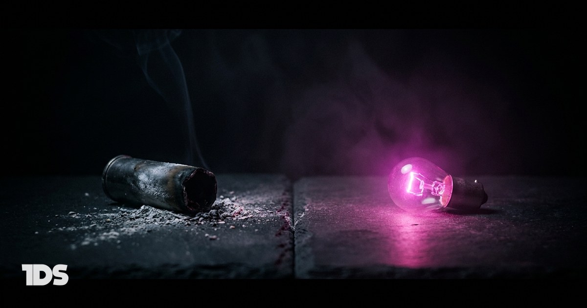A spent flare in ash beside a steady magenta filament lamp, comparing a PR firm's borrowed moments with a personal brand you own