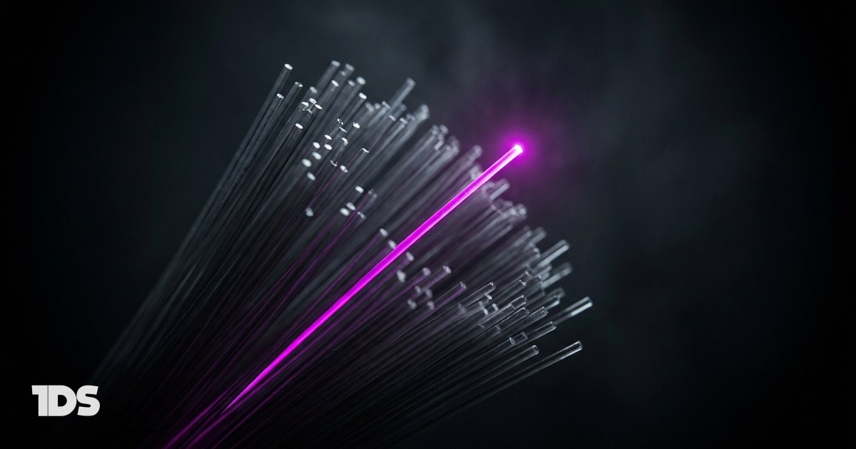 A bundle of grey optical fibers with one strand carrying magenta light end to end, representing a distinct point of view in thought leadership marketing