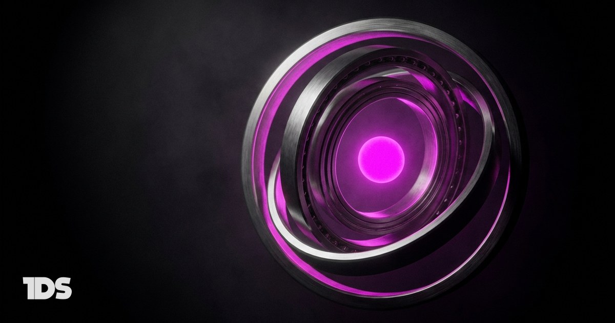 Nested machined gimbal rings orbiting a magenta core, representing executive visibility across owned, earned, and borrowed channels