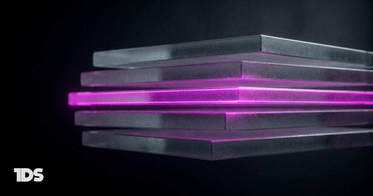 A stack of frosted glass sheets with the middle sheet edge-lit magenta, representing the strategy layer a personal brand strategist owns