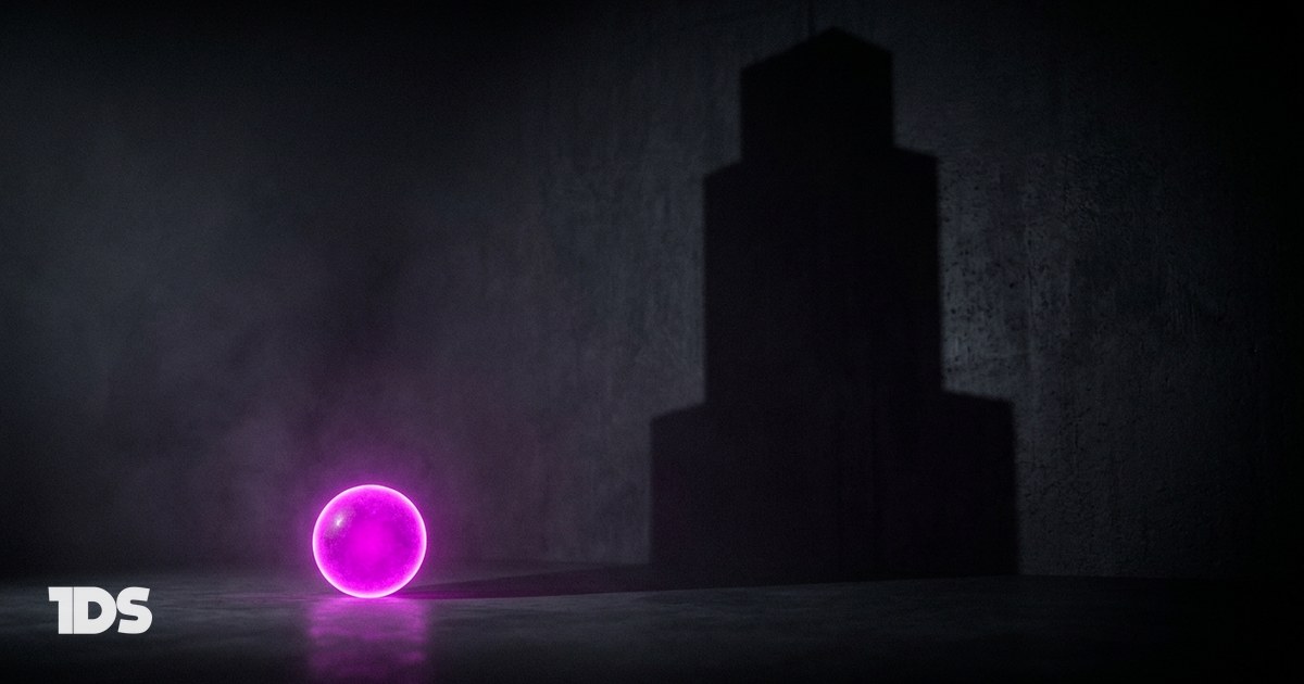 A small glowing sphere casting a vast architectural shadow, representing how a founder brand carries the company brand into the market