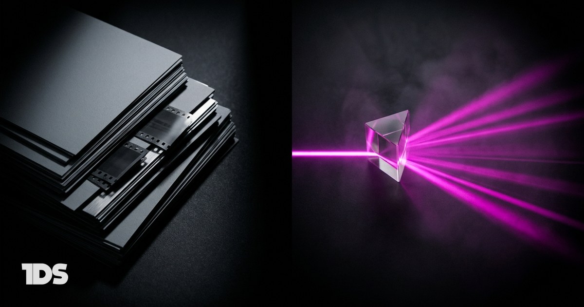 A stack of photographic tiles beside a magenta beam fanning through a prism, comparing UGC content with influencer distribution