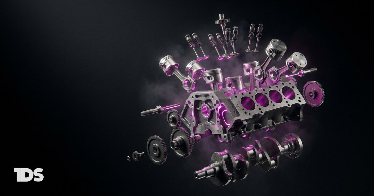An exploded precision engine suspended in dark space with magenta along the seams, representing the inspectable parts of a brand agency