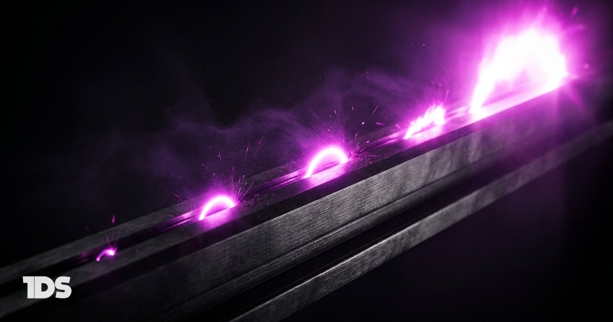 Magenta arcs firing in sequence along a dark rail toward a white-hot final discharge, representing The Fittest launch that reached $500K in 60 days