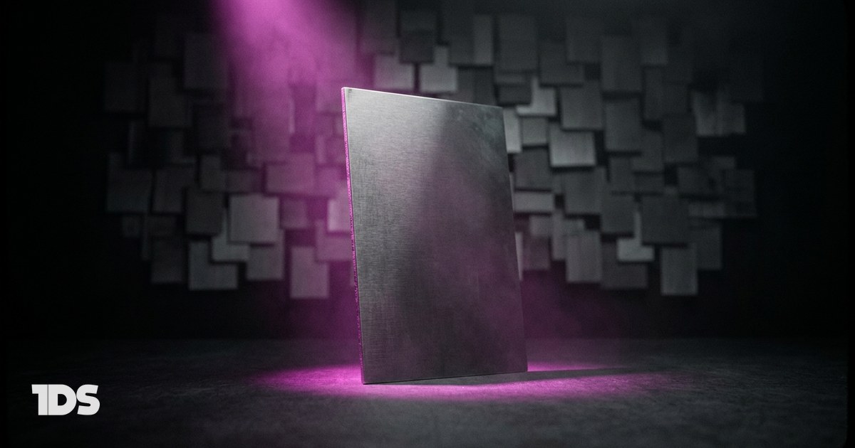 A single printing plate under a hard magenta spotlight against a blurred wall of grey panels, representing holding one position instead of grinding out content