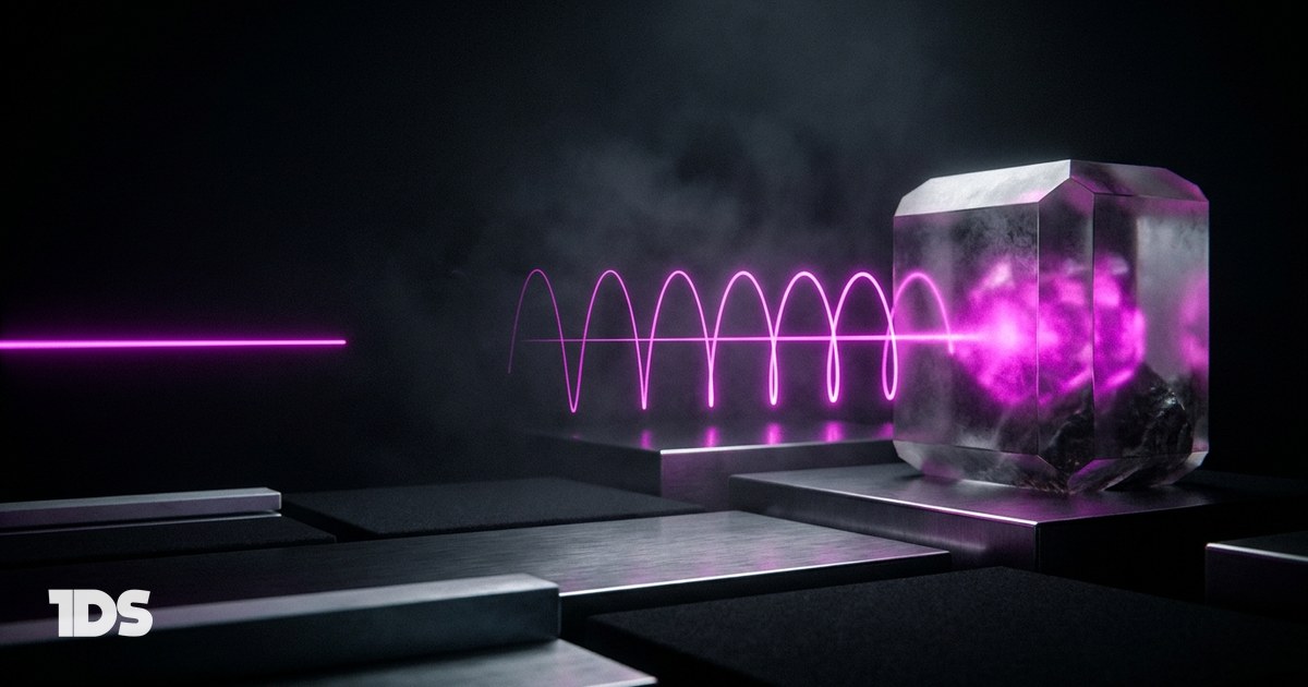 A magenta ribbon entering, repeating, and terminating in a glowing crystal block, representing the signal, repetition, and result behind strong personal brand examples
