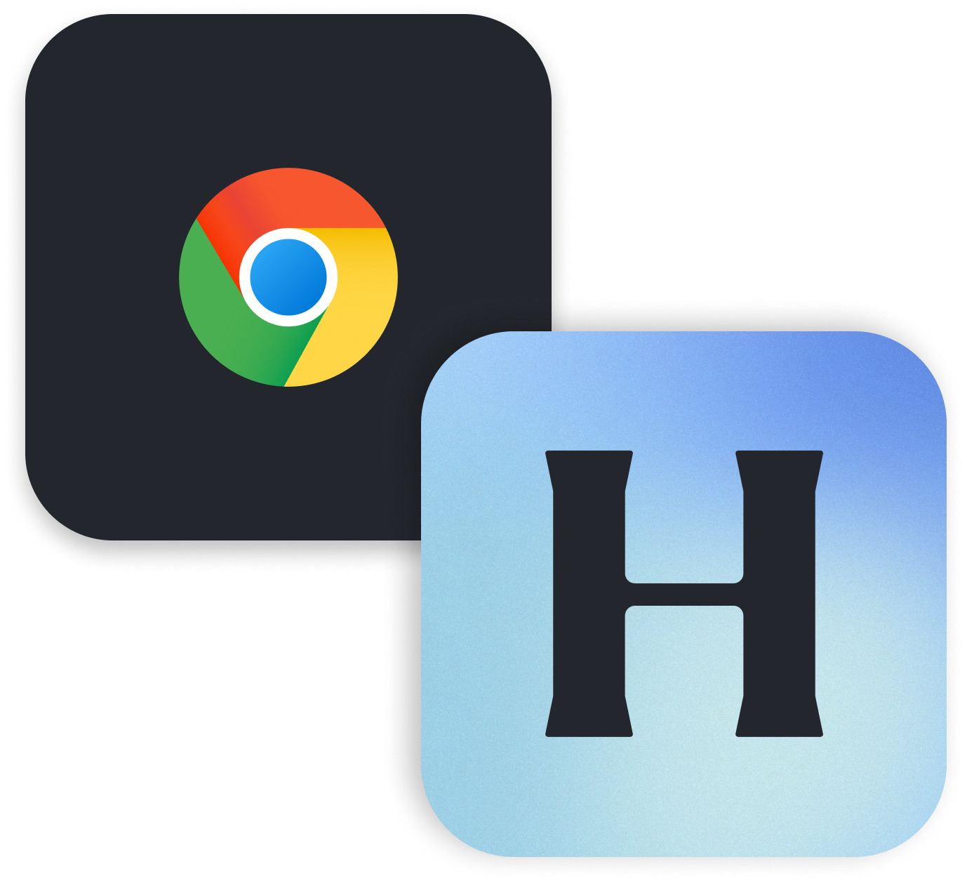 Two rounded square icons overlapping; one with the colorful Google Chrome logo on dark background, the other with a large black letter H on a blue gradient background.
