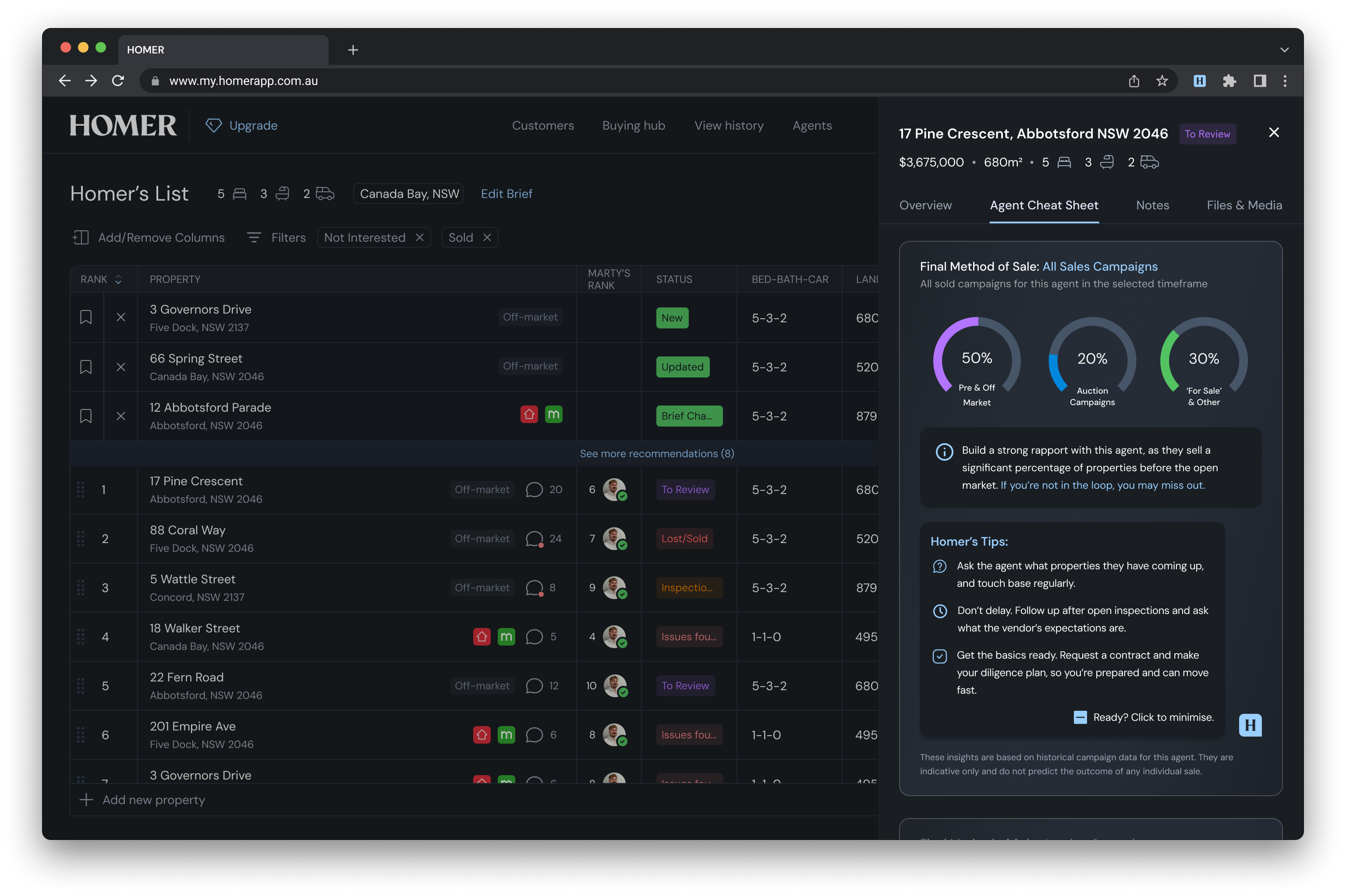 Homer desktop app showing property list