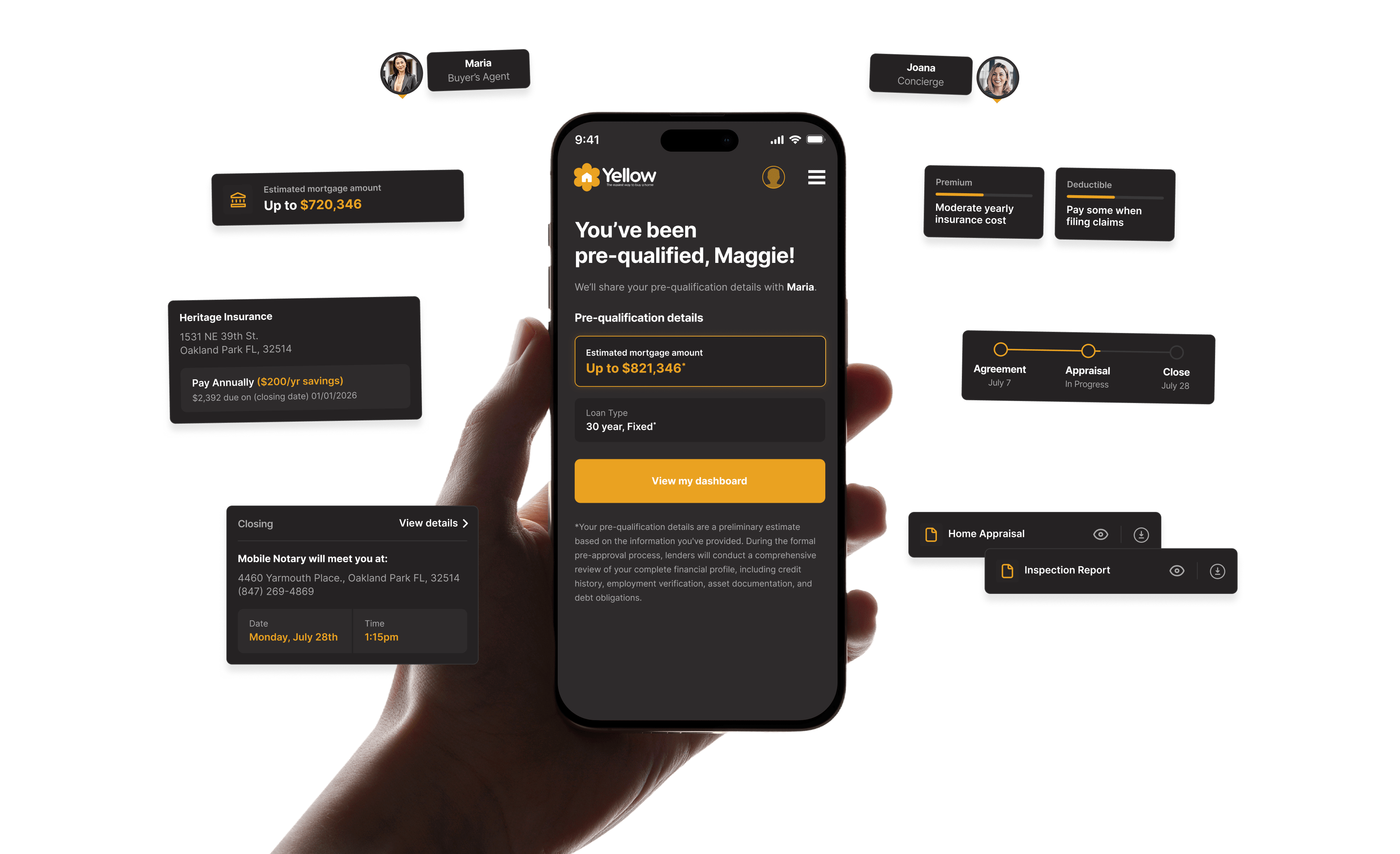 A hand holding a phone showing all of the features for Yellow
