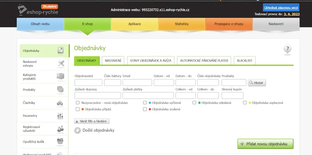 náhled administrace v rozhraní eshop rychle