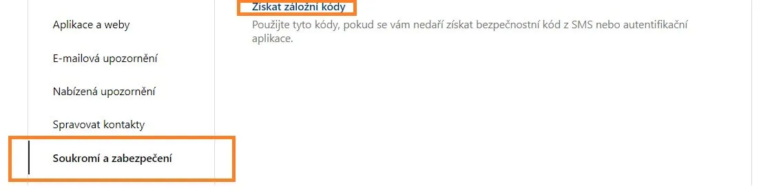 zabezpečení účtu na facebooku - stažení záložních kódů