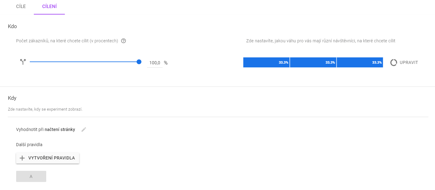 Nastavení cílení - zásah experimentu