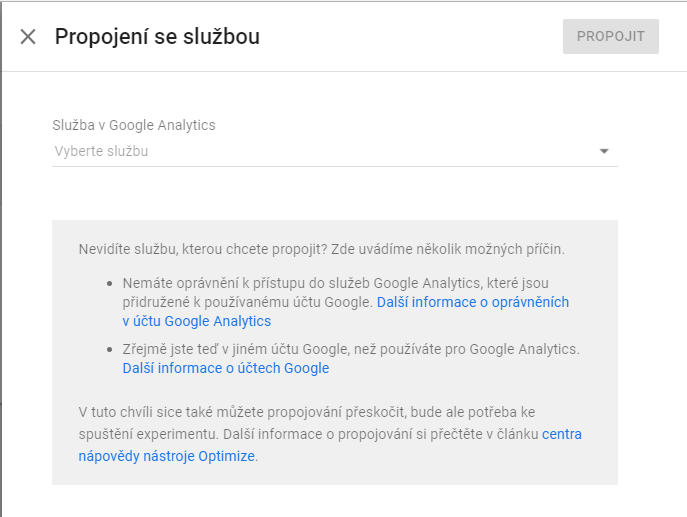 Proces propojení Google Optimize s Google Analytics