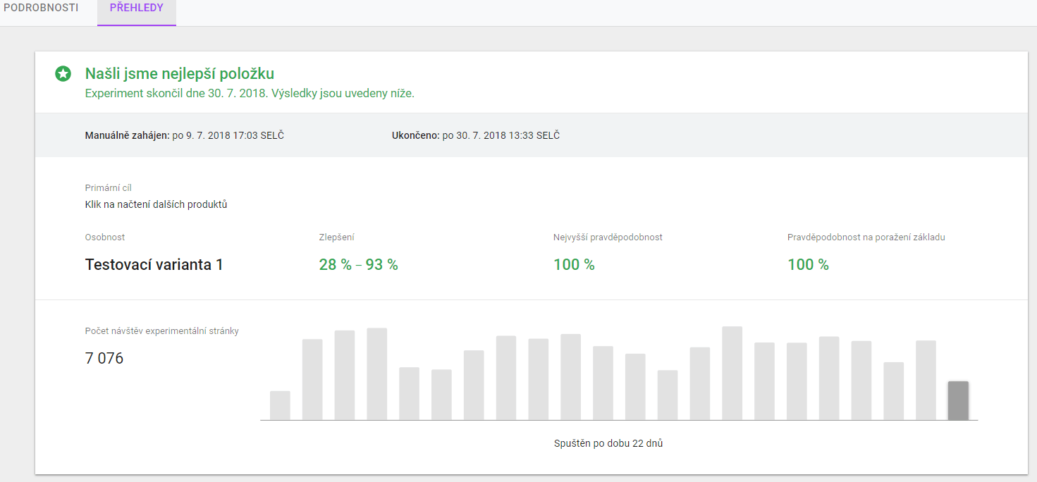 Přehled statistik a dat nasbíraných v průběhu experimentu