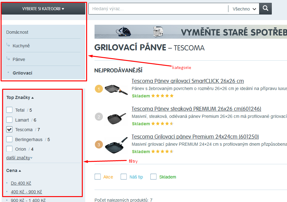 Příklad rozdílu filtru a kategorie
