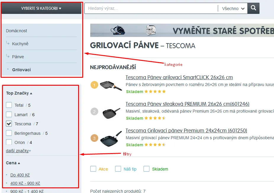Příklad rozdílu filtru a kategorie