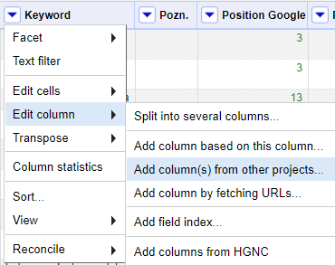 Umístění a nastavení funkce v Open Refine