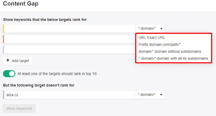Možnosti nastavení nástroje Content gap v Ahrefs.