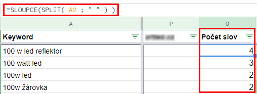 Aplikace funkcí SLOUPCE a SPLIT pro výpočet počtu slov v klíčové frázi
