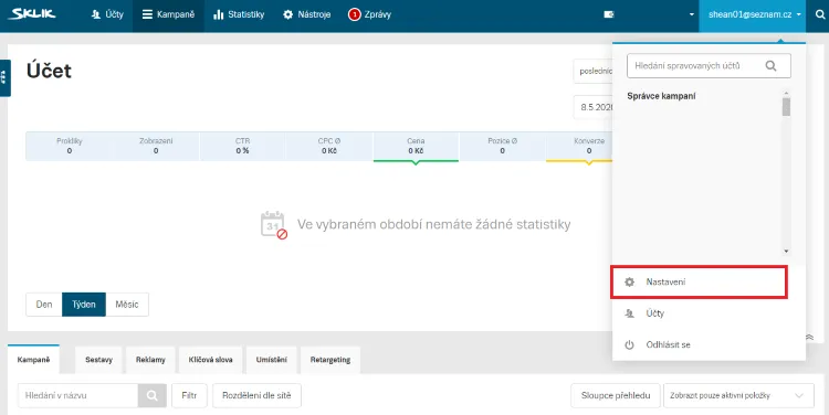sklik nastavení účtu